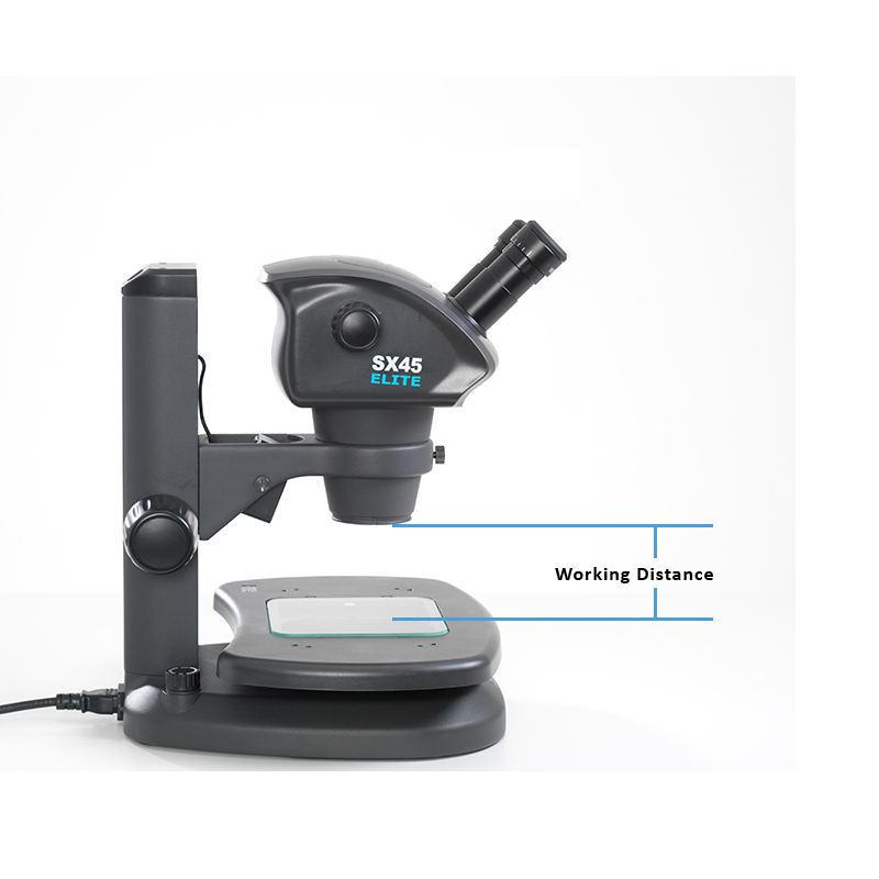 SX45 stereo microscope with lines showing working distance