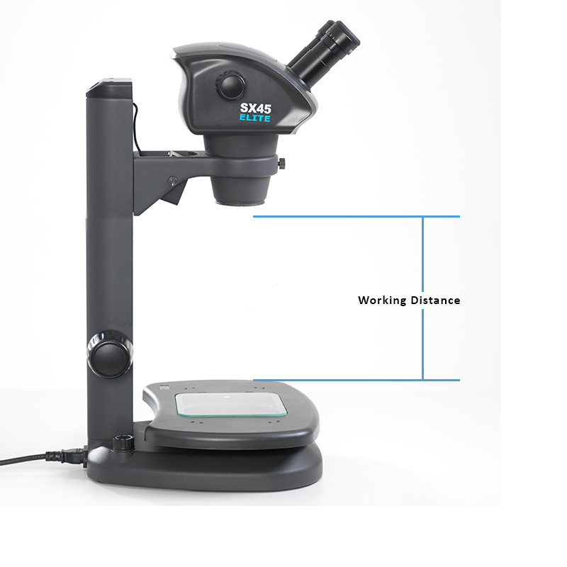 stereo microscope with lines showing working distance