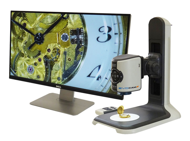 Digitalmikroskop EVO Cam II neben Monitor mit Uhrenkomponente