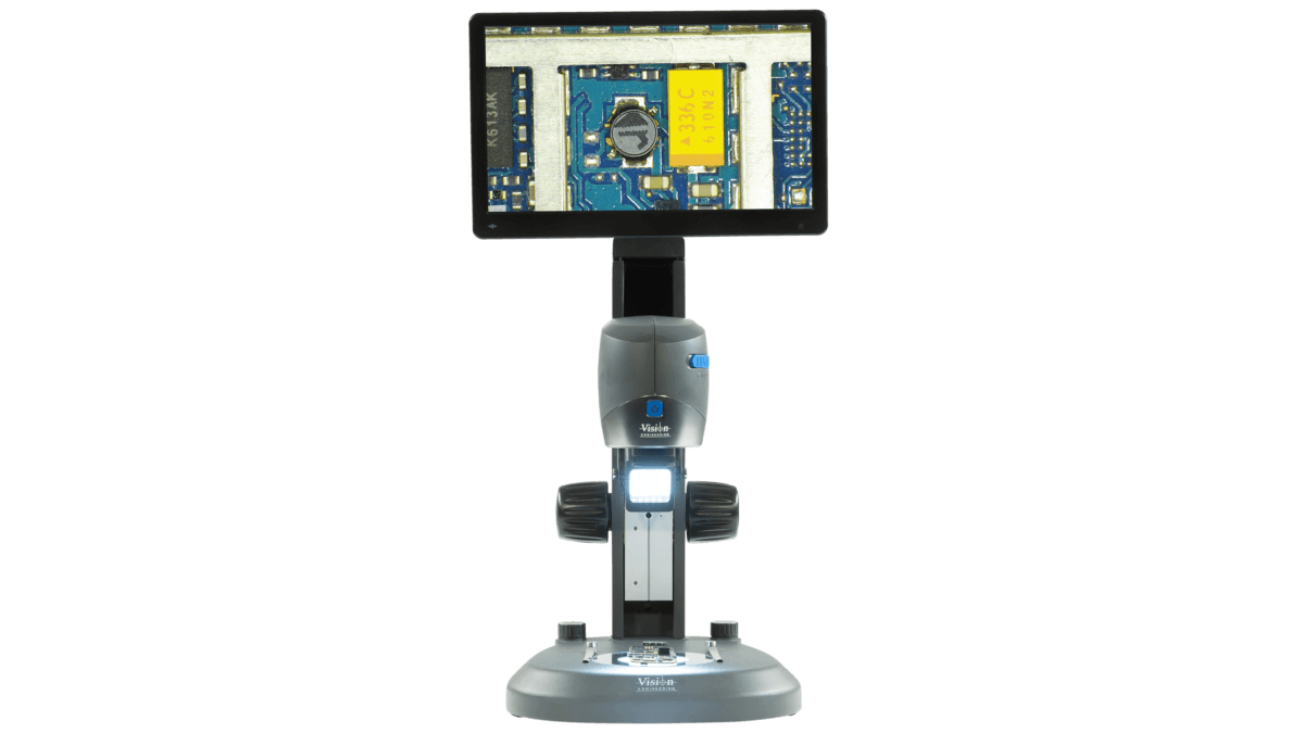 Kompaktes digitales Mikroskop VE Cam mit Monitor auf Tischstativ montiert