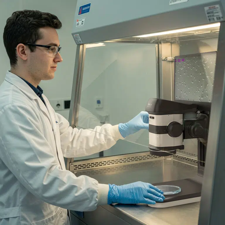 VE_VISO_Image3_2025.08-768×768 Digitales Stereomikroskop ProteQ VISO 3D, das von einem Menschen in einer Laminar-Flow-Kabinett bedient wird