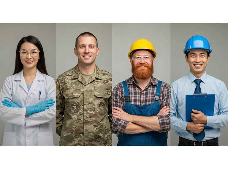 people-sectors-768×572 Ein Foto von 4 Personen aus verschiedenen Arbeitsbereichen, Medizin, Militär, Facharbeiter und Ingenieurwesen