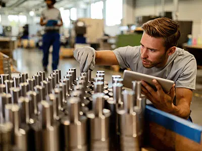 iStock-1152648684-goodsin-400×300 Mann begutachtet Metallarbeiten an einer Fertigungslinie.
