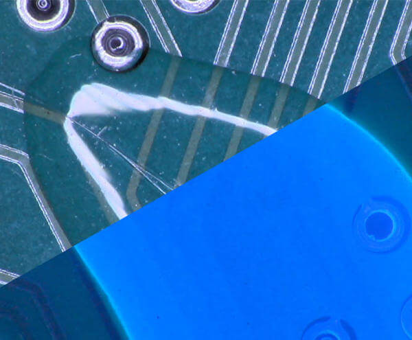 PCB under UV lighting 600×495 tiny Leiterplatte unter UV-Beleuchtung